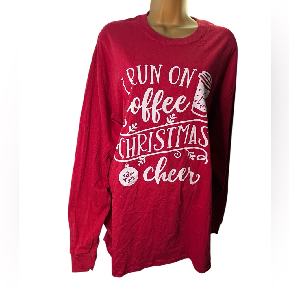 Gildan Graphic Long Sleeve T-Shirt Coffee Christmas Cheer Red XL